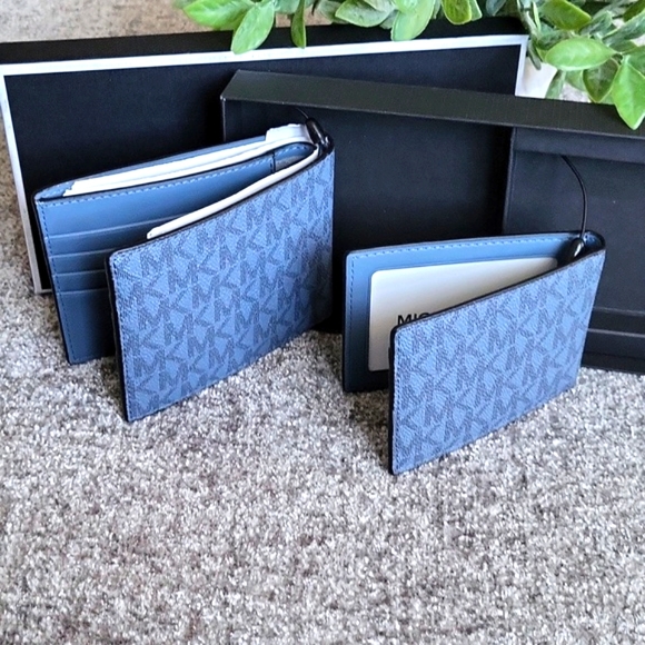 NIB-Micheal Kors Mens 3 In 1 Boxed Wallet Set Denim - Picture 7 of 10